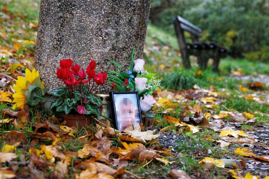 Foto, Grablicht und Blumen: Warum eine Trauerstätte in einem Annaberger Park bald weichen soll - In einem kleinen Park in Annaberg-Buchholz wird an einem Papierkorb an einen Verstorbenen erinnert.