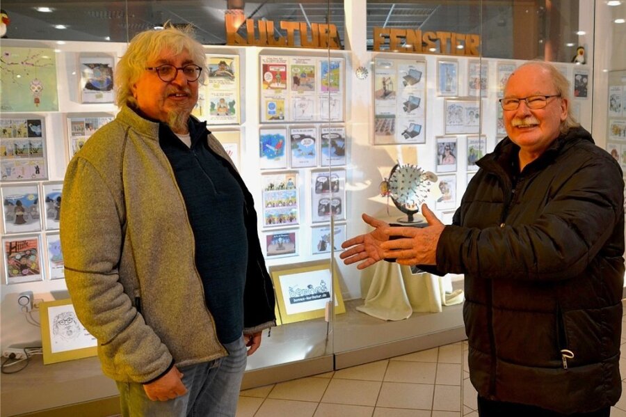Frecher Franzose lässt Karikaturen sprechen - Alain Bonnas (links) und Heinz Tonndorf laden zum 13. Kultur-Fenster in die Kolonnaden ein.