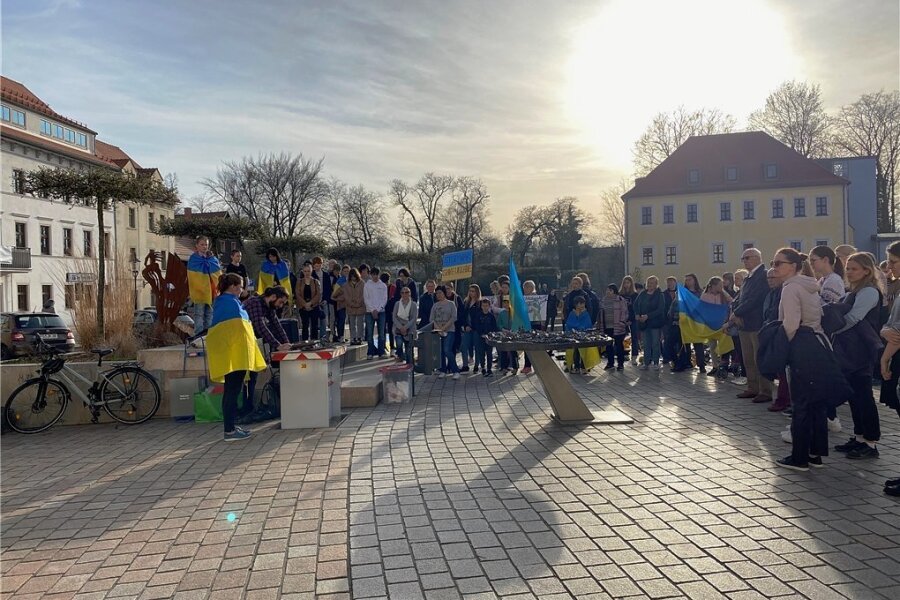 An der Aktion gegen den Ukrainekrieg auf dem Freiberger Schlossplatz nahmen zahlreiche Frauen und Kinder aus der Ukraine teil