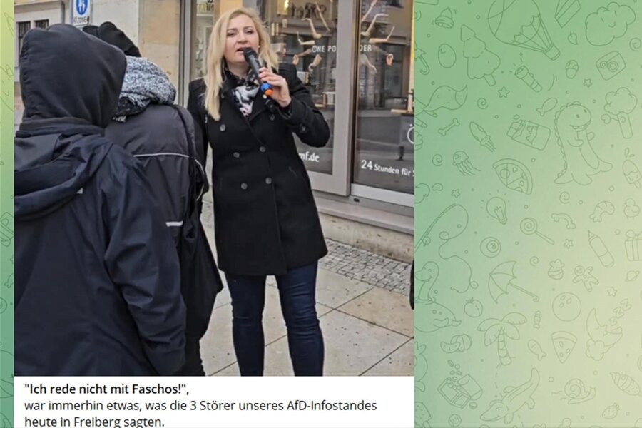 Freiberg: Video mit AfD-Bundestagsmitglied wirft Fragen auf - „Ich bin gar keiner, ist hier ein Fascho irgendwo?“: Die Bundestagsabgeordnete Carolin Bachmann scheiterte am Dienstag beim Versuch, mit drei Jugendlichen ins Gespräch zu kommen.