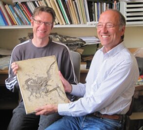 Freiberger löst Rätsel um Saurierskelette - 
              <p class="artikelinhalt">Achim Reisdorf (l.) und sein Forscherkollege Michael Wuttke mit dem Fossil des Sauriers Compsognathus longipes. </p>
            