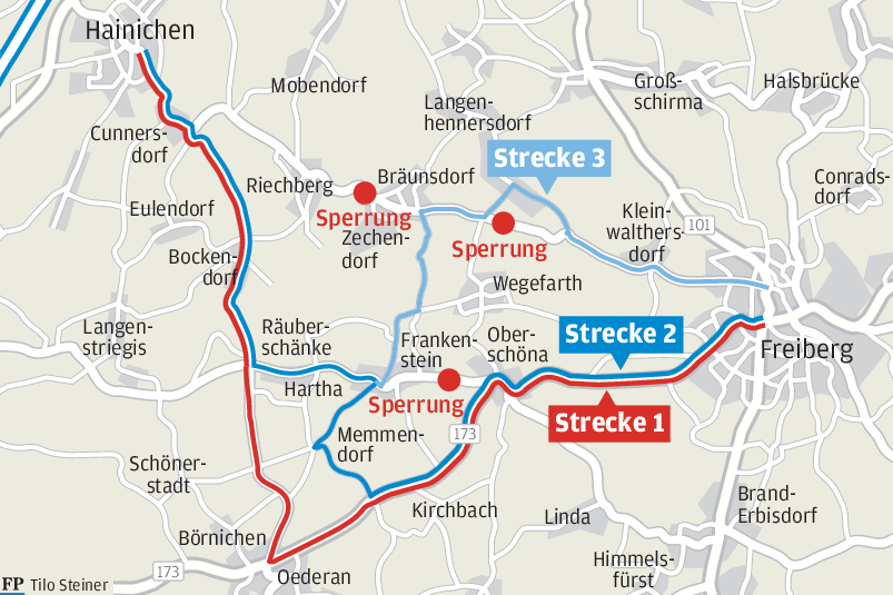 "Freie Presse"-Test: Umleitung zwischen Freiberg und Hainichen auf drei Wegen - Auf dem Weg von Freiberg nach Hainichen gibt es zwei Alternativen zur offiziellen Umleitung. 