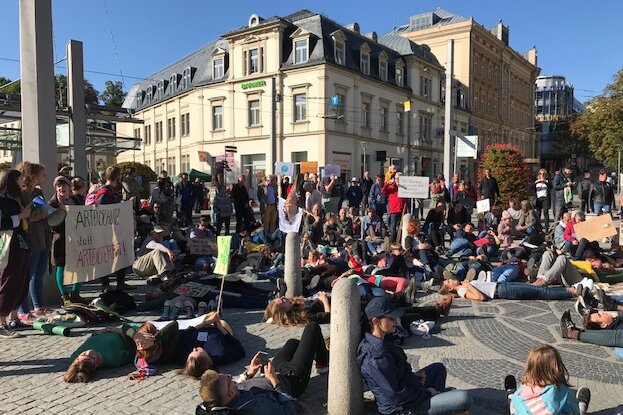 Fridays for Future: Über 100 Klima-Schützer demonstrieren in Plauen - Mit einer symbolischen "Sterbe"-Aktion wiesen Teilnehmer der Demo aufs Artensterben hin. 