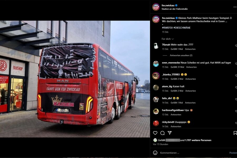 FSV Zwickau: Deshalb ging die Heckscheibe des Teambusses in Essen zu Bruch - Der FSV Zwickau berichtete auf Instagram über den Verlust der Heckscheibe am Teambus. Foto: Screenshot/Instagram fsv.zwickau