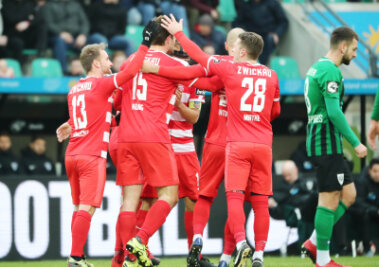 FSV Zwickau feiert Auswärtssieg in Münster - Torjubel nach dem Treffer zum 0:2 durch Torschütze Ronny König.