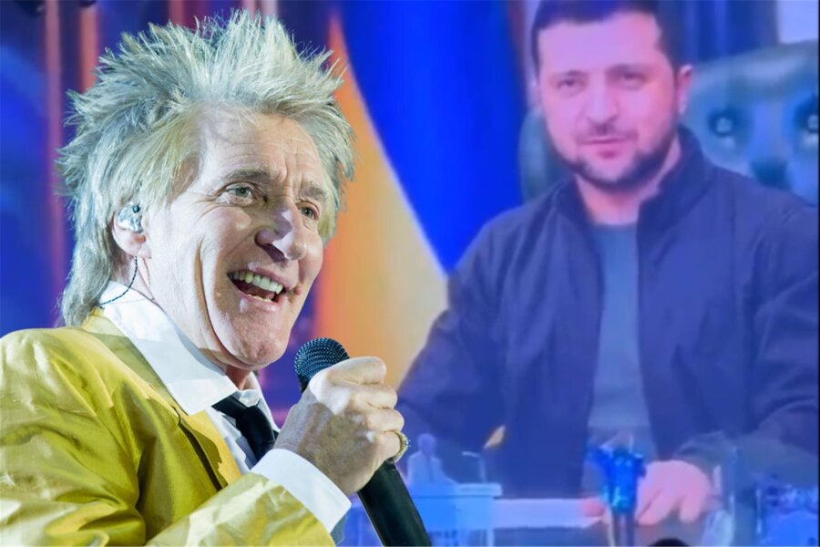 „Fuck Putin“: Rod Stewart singt in Leipzig vor Ukraine-Flagge und wird ausgebuht - Bei seinem Auftritt in Leipzig hatte Rod Steward eine klare Meinung zum Krieg in der Ukraine.