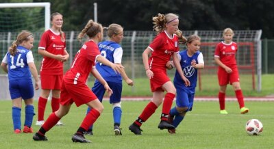 Für den DFC zählen nicht nur die Tore - Szene aus dem D-Juniorinnen-Spiel zwischen dem DFC Westsachsen Zwickau (blaue Trikots) und dem Bischofswerdaer FV. 