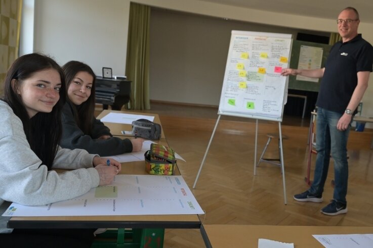 Maja Oettel (links) und rechts Aimee Lange sind Schüler der 9. Klasse an der Oberschule Eibenstock. Sie haben am Workshop zur Berufsorientierung mit Mentor Jens Wahren teilgenommen. 