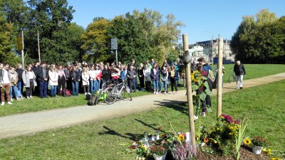 Gedenkbaum: Schüler setzen in Zwickau Zeichen gegen Rechtsextremismus - Gedenkaktion am abgesägten Baum. Viele Menschen haben hier mittlerweile auch Blumen niedergelegt.