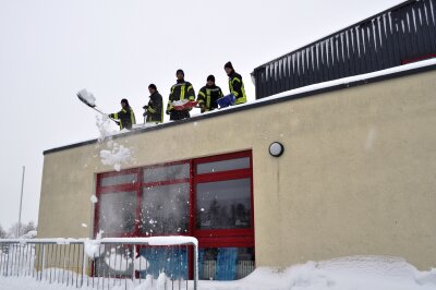 Gefahr durch Schneelast: Kirchberg sperrt Straßen und Wälder - Die Freiwillige Feuerwehr Kirchberg räumt das Dach städtischen Sport- und Mehrzweckhalle frei. 