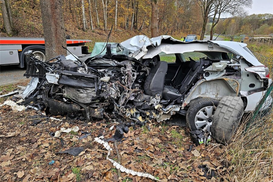 Gegen Baum geprallt: Rentner stirbt bei Unfall in Markneukirchen - Dieses Bild bot sich den Einsatzkräften: Der Ford Focus wurde bei dem Aufprall auf den Baum völlig zerstört.