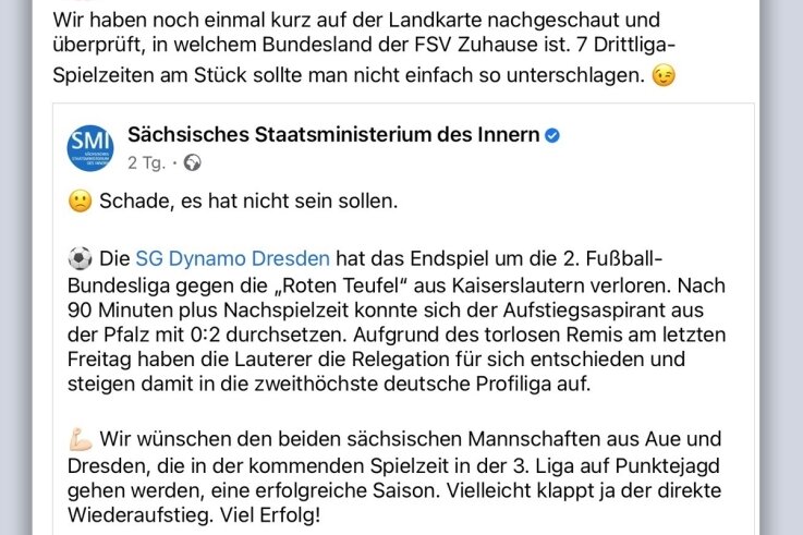 So reagierte der Fußball-Drittligist FSV Zwickau auf einen Facebook-Eintrag des für Sport zuständigen Innenministeriums. 