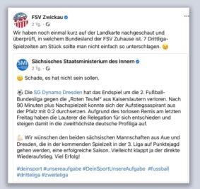 Gelbe Karte für das Innenministerium - Wie der Fußball-Drittligist FSV Zwickau auf einen Facebook-Eintrag des für Sport zuständigen Innenministeriums reagierte. 