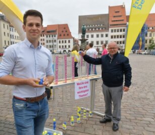 Gelbe Signale am grauen Wahlhimmel - Beim Wahlkampf der FDP auf dem Obermarkt in Freiberg erhielt Direktkandidat Philipp Hartewig (l.) prominente Unterstützung durch den Landesvorsitzenden der Partei, Frank Müller-Rosentritt. 