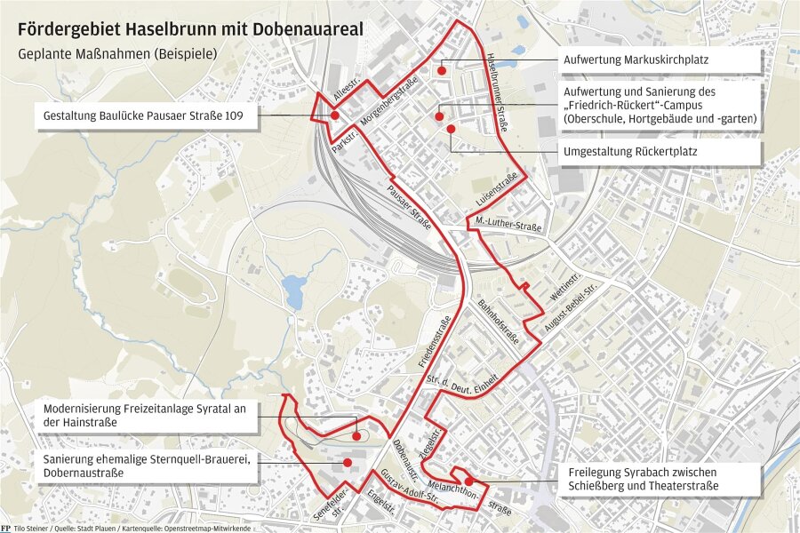 Geldsegen für Haselbrunn: Bis Ende 2027 steckt die Stadt Plauen mehr als 15 Millionen Euro in den Stadtteil - Von der Eisenbahnbrücke an der Pausaer Straße bis zur Pioniereisenbahn am Syratal: Exakt abgegrenzt ist das geförderte Sanierungsgebiet, zu dem nicht nur ein Großteil von Haselbrunn, sondern auch Teile der Dobenau gehören.