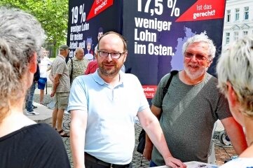 "Gerechtigkeitstour" führt auf den Markt - Linken-Landtagsabgeordneter Nico Brünler (l.) und Jürgen Schunn, Chef des Ortsvereins der Linken, auf "Gerechtigkeitstour" in Crimmitschau.