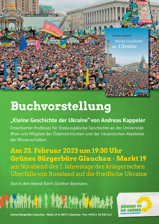 Glauchau: Grüne blicken auf Verhältnis Ukraine-Russland - Ausschnitt aus dem Plakat zur Buchvorstellung am 23.02.2023 in Glauchau.