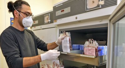 Glauchaus Krankenhaus: Blutkonserven sind Mangelware - Oberarzt Gabor Nagy kontrolliert die Bestände im Blutlabor des Glauchauer Klinikums.