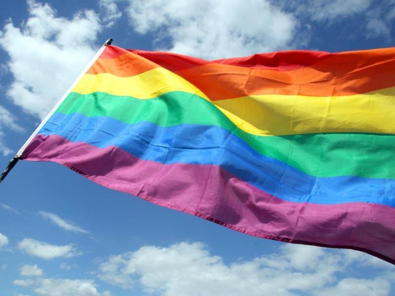 Gleichstellungsministerin Meier hisst die Regenbogenfahne -  
          Eine Regenbogenfahne weht im Wind.