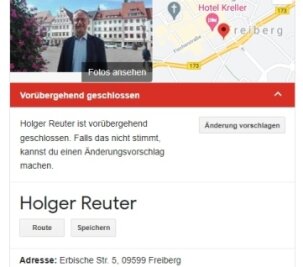 Glosse: Google schließt Holger Reuter - Screenshot bei Google: Holger Reuter ist vorübergehend geschlossen.