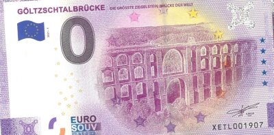 Göltzschtalbrücke fast auf 20-Euro-Schein - Ein besonderes Souvenir 2021: Der nagelneue 0-Euro-Schein mit dem Motiv der Göltzschtalbrücke auf der Vorderseite. 