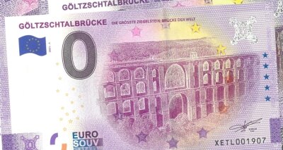 Göltzschtalbrücke ziert 0-Euro-Schein - Die 0-Euro-Souvenirscheine mit dem Motiv der Göltzschtalbrücke sind in der Normalausgabe auf 2000 Stück limitiert. 