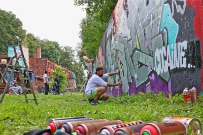 Graffiti-Künstler in Zwickau sprühen vor Ideen - Auf der Kunstplantage sind neue Werke entstanden. Auch Christian Rank aus Greiz zeigte sich kreativ beim Umgang mit den Spraydosen. 