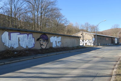 Graffitisprayer in Aue scheitert mit Fluchtversuch durch die Mulde - Die mutmaßlichen Sprayer hinterließen ein gut 25 Quadratmeter großes Gaffito an einem Garagenkomplex in Aue.