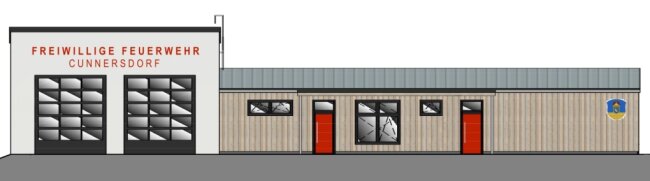 So soll das Feuerwehrgerätehaus im Hainichener Ortsteil Cunnersdorf einmal aussehen: Für die Fahrzeuge gibt es zwei Garagen, der Flachbau erhält auch einen großen Raum, der nicht nur für Schulungszwecke, sondern auch als Dorfgemeinschaftshaus dienen soll. 