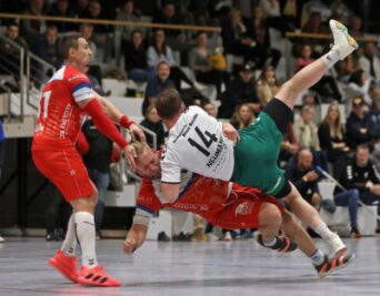 Großer Kampf bleibt unbelohnt - Handball ist nichts für Zartbesaitete, wie diese Szene mit dem Freiberger Eric Neumann (Nr. 14) und André Blauhut vom HC Glauchau/Meerane zeigt. Vaclav Klimt (l.) versucht, den Kopf seines Gefährten zu schützen.