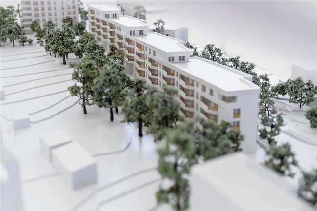 So stellen sich die Planer das Quartier "Freiberger Garten" mit Blick aus Richtung Lessingstraße vor. In den vier Fünfgeschossern und einem siebenstöckigen Gebäude am oberen Ende sollen 67 Wohnungen entstehen; Einzug soll 2024 sein. 