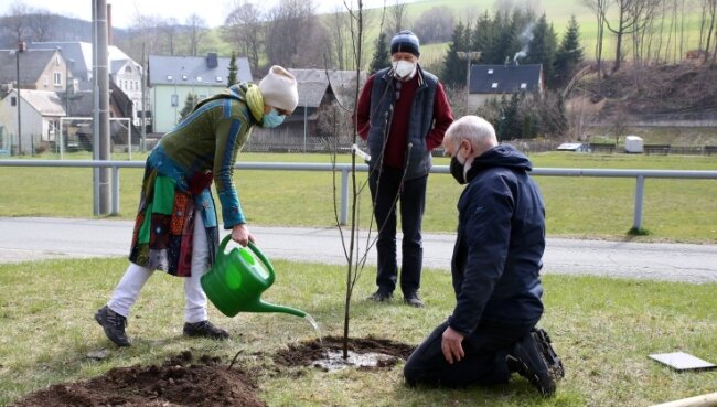 Ulrike Malek, Andreas Kahl und Werner Lobeck (v. l.) gehörten am Sonntag in Pöhla zu den Teilnehmern der Baumpflanzung. 