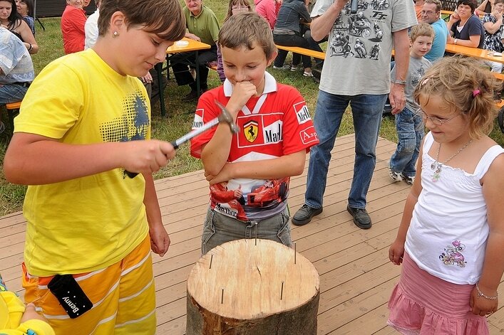 
              <p class="artikelinhalt">Zum Hängebrückenfest in Kockisch traten auch die Kinder zum Nagelwettbewerb an. Benjamin (l.) war besonders zielsicher. </p>
            