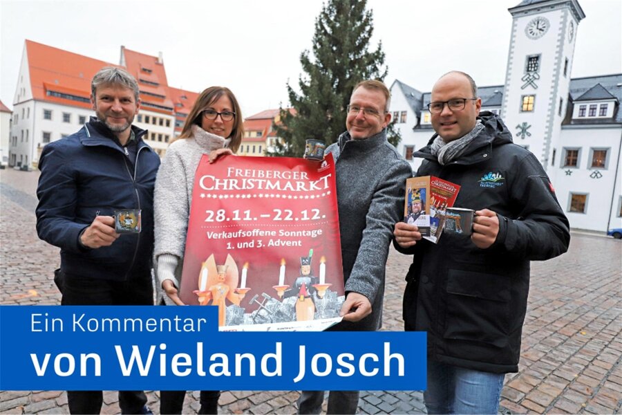 Handfestes unterm Christbaum in Freiberg - Joachim Krahl, Anja Fiedler, Sven Krüger und David Bojack (v.l.) präsentieren das Programm zum 32. Freiberger Christmarkt.