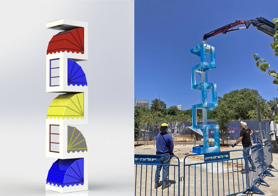 Wie ein Symbol für diese Zeit: Der "Leuchtturm", eine Installation von Hilla Toony Navok im Zentrum Tel Avivs, wartet, noch in Schutzfolie eingepackt, auf seine Vollendung.  Links das Konzept des fertigen, von innen beleuchteten Objekts.