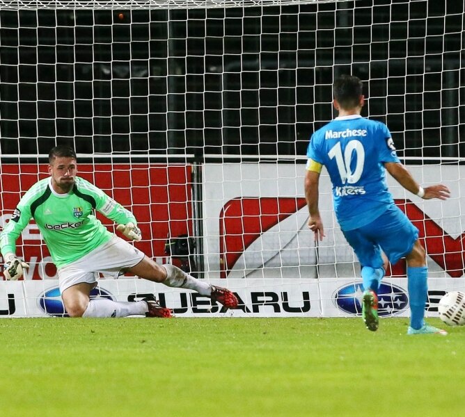 Heine: Niederlage bitter bezahlt - Vincenzo Marchese erzielt per Foulelfmeter den Treffer zum 2:0, Torhüter Philipp Pentke ist machtlos. 