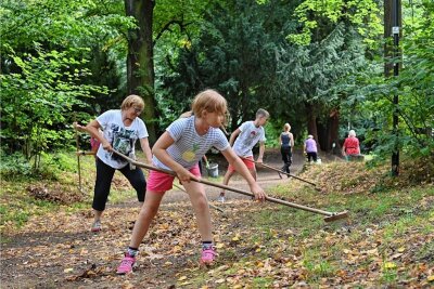 Helfer machen Lunzenauer Park schick - Neben zahlreichen Erwachsenen haben auch Kinder mitgeholfen, beispielsweise beim Rechen von Laub. 