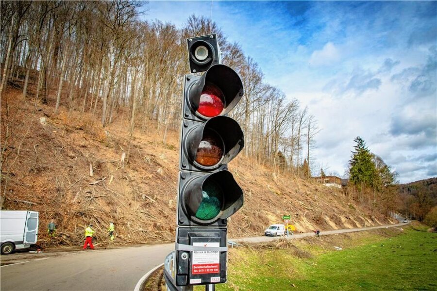 Hennersdorf: Autofahrer standen bis zu einer Stunde an der Ampel - Die Ampel, mit der die Erdmannsdorfer Straße während des Holzeinschlags gesperrt wurde, leuchtete deutlich länger rot als von der Straßenverkehrsbehörde erlaubt. Das sorgte für Ärger bei Autofahrern. 