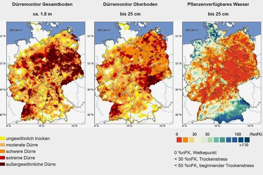 So trocken ist es aktuell in Deutschland und Sachsen: Daten aus dem Dürremonitor des Helmholtz-Zentrums für Umweltforschung in Leipzig vom 13. Juni 2022 zeigen, wie wenig Feuchtigkeit im Boden ist - besonders in Südwestsachsen