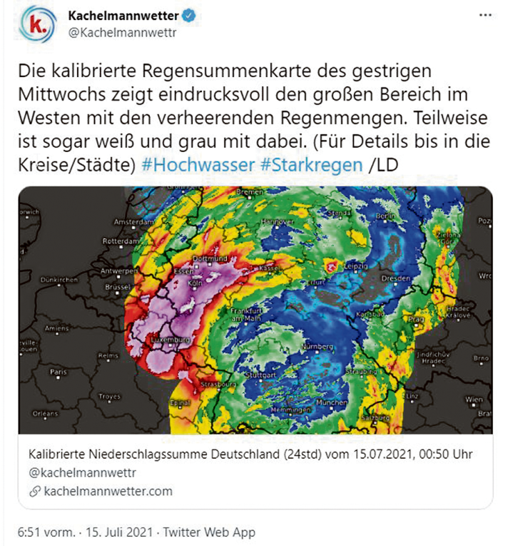 Hochwasserkatastrophe 2021: "Kein Ort ist mehr sicher" - Die Regensummenkarte von Wetterfrosch Jörg Kachelmann zeigt die stärkstbetroffenen Gebiete. 