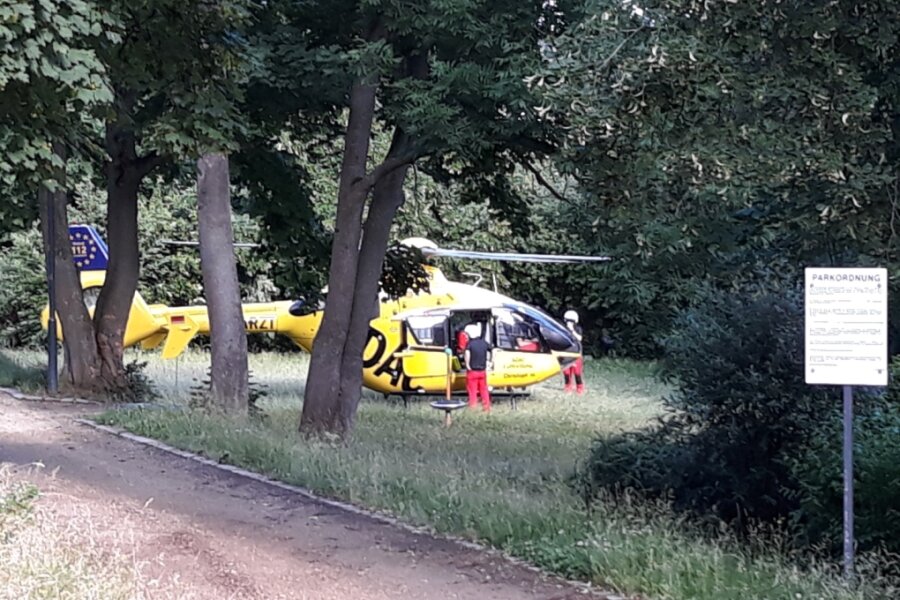 Hubschrauber landet im Reichenbacher Park des Friedens - 