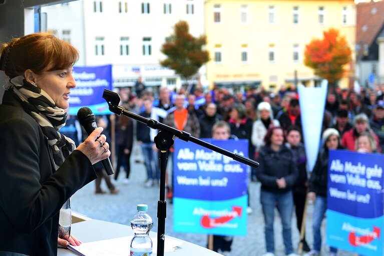 Hunderte Teilnehmer bei AfD-Kundgebung und späterem rechten Aufmarsch - Andrea Kersten, mittelsächsische Landtagsabgeordnete der AfD, kritisierte die Politik von Bundeskanzlerin Angela Merkel (CDU).