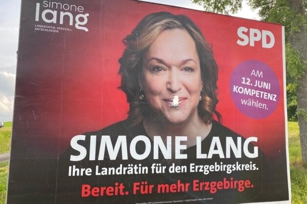 Auch dieses Plakat von Simone Lang an der Bundesstraße 101 in Raschau ist beschädigt worden. 