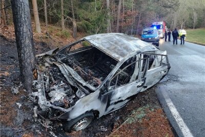 Hybridauto brennt nach Unfall bei Plauen komplett aus - Das Fahrzeug brannte bei dem Unfall am Montagnachmittag komplett aus.