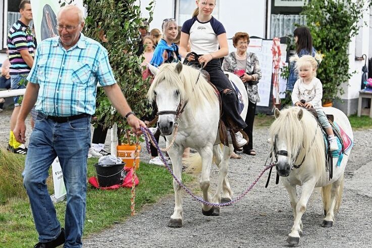 "Ich bekomme immer wieder Gänsehaut" - Andreas Bretschneider aus Thermalbad Wiesenbad zauberte mit seinen beiden Ponys den jüngsten Besuchern ein Lächeln ins Gesicht. Hier versuchen es die beiden Geschwister Hermine und Fritzi (r.).