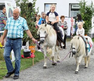"Ich bekomme immer wieder Gänsehaut" - Andreas Bretschneider aus Thermalbad Wiesenbad zauberte mit seinen beiden Ponys den jüngsten Besuchern ein Lächeln ins Gesicht. Hier versuchen es die beiden Geschwister Hermine und Fritzi (rechts).