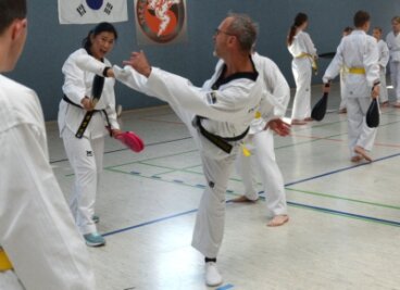 "Ich habe das noch nie erlebt" - Beim Taekwondo-Lehrgang in Falkenstein konnte auch Routinier Mario Fuchs (Mitte) vom Profi Kim Yeonji (links dahinter) viel lernen. 