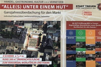 Idee für Treuens Stadtzentrum: Schirme überdachen Marktplatz - Dieses Plakat fasst die Idee, mit dem sich die Stadt Treuen dieses Jahr beim Wettbewerb "Ab in die Mitte" beteiligt, zusammen.