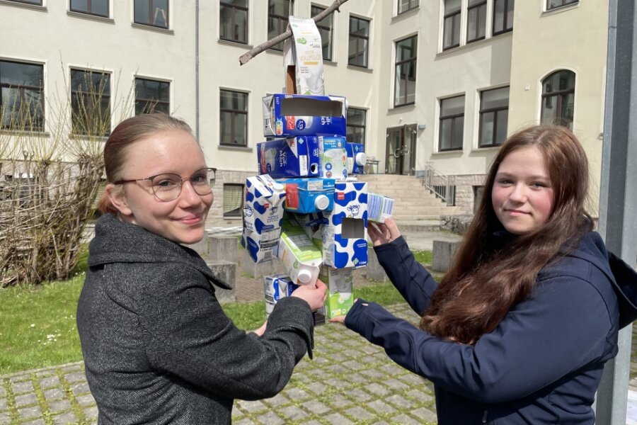 Idee mit leeren Milchkartons  bringt Eibenstocker Schule Preis - Adrienne Schäffner (links) und Amy Eck gehören zu den Eibenstocker Oberschülern, die aus leeren Milchkartons Futterhäuschen gebastelt haben. 