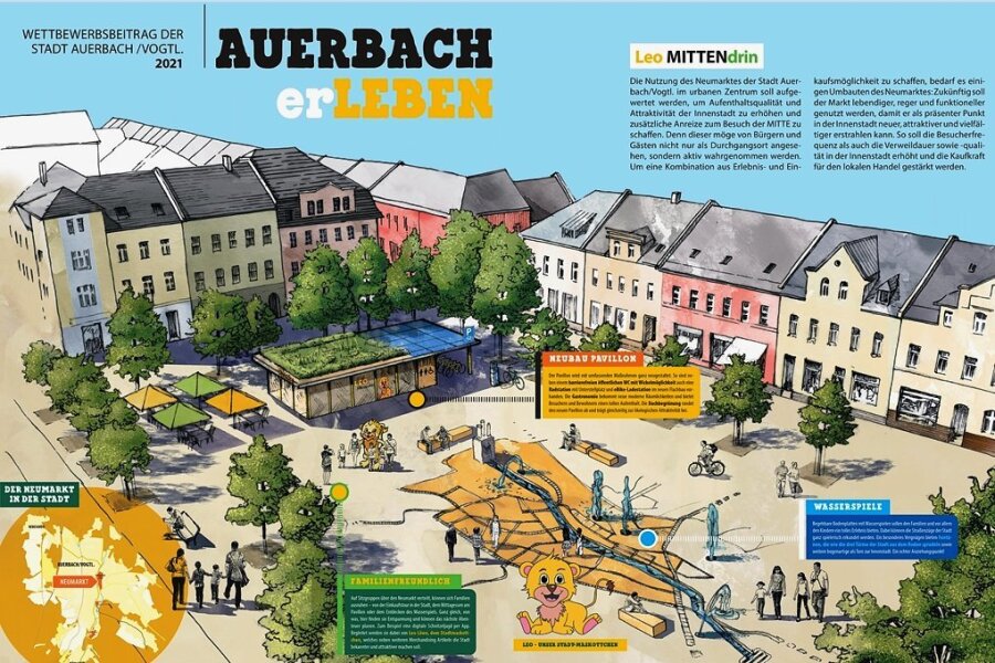 Idee von autofreier City von Auerbach lanciert - Die ausgezeichnete Projektskizze für den Umbau des Neumarktes. Die jetzige Gestaltung stammt aus den 90ern und wird als nicht mehr zeitgemäß taxiert. 
